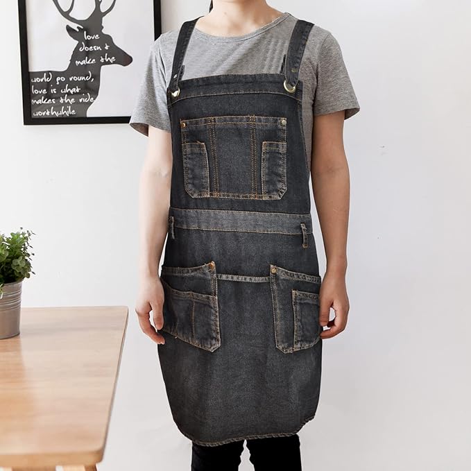 Denim Apron with Multi Pockets for Kitchen, Cooking, BBQ & Gardening