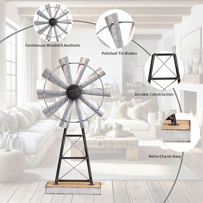 MODE HOME Charming Tall Galvanized Windmill Decor, Metal Windmill Accent for Farmhouse Shelf Decor and Living Room, Adding a Touch of Rustic Farmhouse Decor to Your Home Space
