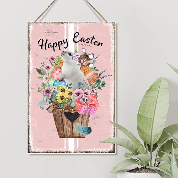 Wood Sign Plaque French Style Floral Pink Stripes Sign Happy Easter Flower Basket Bunny Wood Hanging Signs Farmhouse Easter Decor Happy Spring Wall Art Sign for Living Room 12x18in