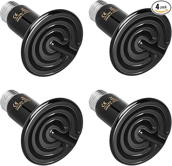 Simple Deluxe 50W 4-Pack Ceramic Heat Emitter Reptile Heat Lamp Bulb No Light Emitting Brooder Coop Heater for Amphibian Pet & Incubating Chicken, Black