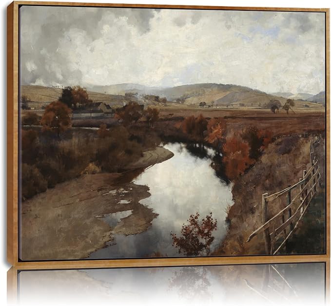 Vintage Wilderness Framed Wall Art River Nature Pictures Country Fence Artwork Nature Landscape Poster Countryside Canvas Wall Art Farmhouse Scenery Picture Rustic Landscape Painting 8x10inch Framed