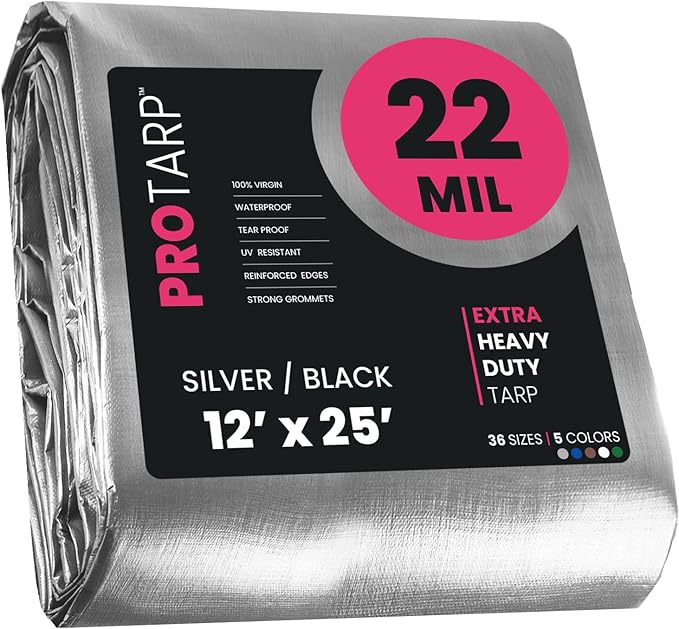 PROTARP Extreme Heavy Duty 22 Mil Tarp Cover, Waterproof, UV Resistant, Rip and Tear Proof, Poly Tarpaulin with Reinforced Edges for Roof, Camping, Patio, Pool, Boat. (Silver/Black 12′ X 25′)
