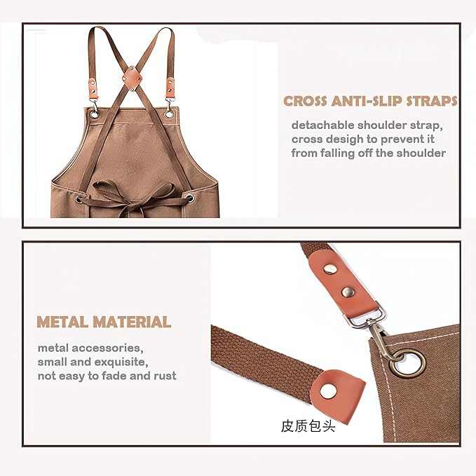 Multi-Pocket Waterproof Oil-Proof Canvas Cotton Apron Cross-Back Adjustable Straps For Chefs Barbers Carpenters