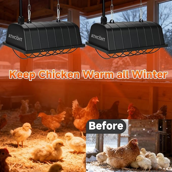 300W 2Mode Heat Lamp for Chickens,Brooder Heater 12000H Carbon Fiber Bulbs, 4PCs Heat Lamp Tubes, Adjustable Temp & Height, Waterproof Chicken Coop Heat Plate, UL-Certified Heater for Poultry, Pets