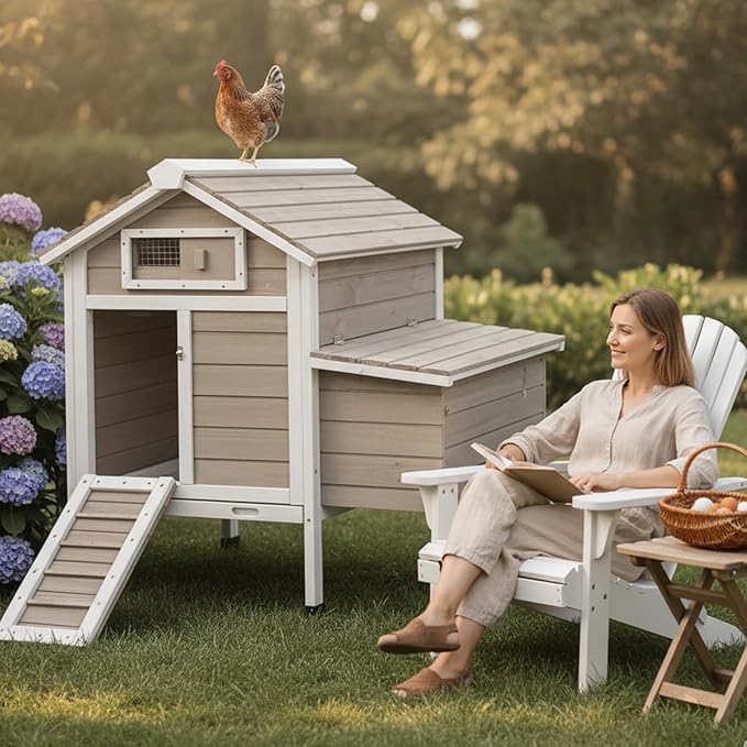 Chicken Coop Outdoor, Wooden Chicken House with 2 Nesting Boxs, Poultry Cage with Leak-Proof Pull-Out Tray, Lockable Ramp Door, Roosting Bars, Easy Assembly（36.2" L x 26" W x 38.3" H