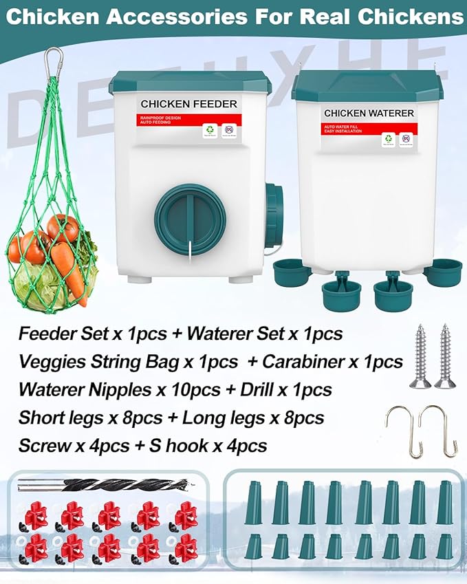 Chicken Feeder and Waterer Set, 1.9 Gallon/17.7 Pounds, Automatic Chicken Feeders and Chicken Waterer, Detachable for Chick, Duck & Quail Coop Use, Outdoor Farm & Backyard (Upgraded)