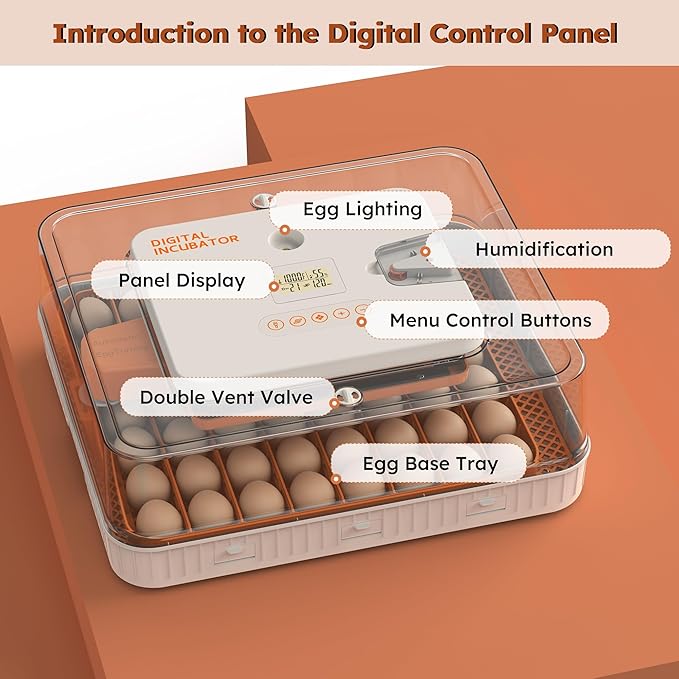 56 Egg Incubator with Automatic Turning & Humidity Control – Digital Poultry Hatcher for Chicken, Duck, and Goose Eggs – Built-in Egg Candler & Auto Water Refill, 360° Clear View