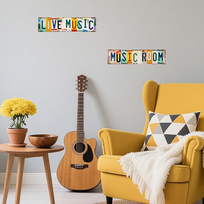2Pcs Vintage Music Room Sign Decor Musical Metal Tin Sign 4 X 16 Inches Street Signs Live Music Posters for Room Home Bar Studio Coffee Wall Decor Gifts for Musicians