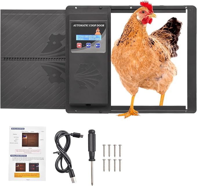 Automatic Chicken Coop Door Opener, Side Opening Large Entry with Timer, Anti-Pinch Sensor, Battery Or USB Powered, LCD Display, Easy Install Chicken House Door for Backyard Poultry