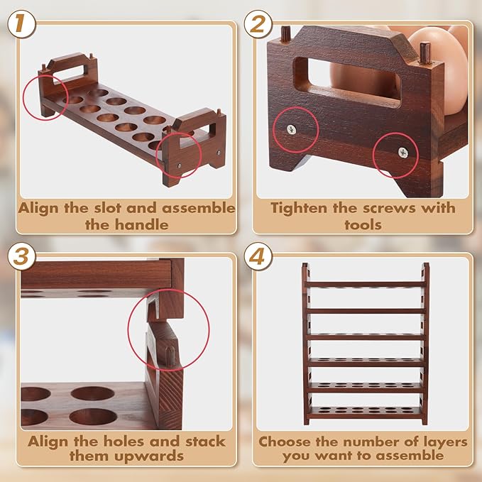 Maxcheck 6-Tier Stackable Acacia Wood Egg Holder, Large Capacity for 72 Eggs, Countertop Storage Rack with Handles for Kitchen Organization and Fridge, Farmhouse Easter Egg Display