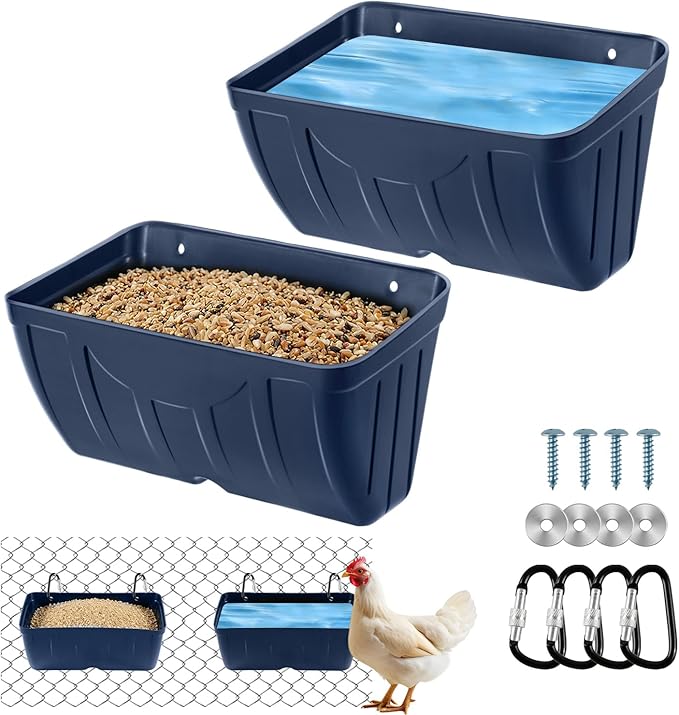 Chicken Feeder,Hanging Goat Feeders,Hanging Poultry Feeder for Sheep, Duck and Dog, Fence Feeder Trough Livestock Feeding Container, Chicken Coop Accessories, 2 Pack Blue Chicken Feeder Waterer
