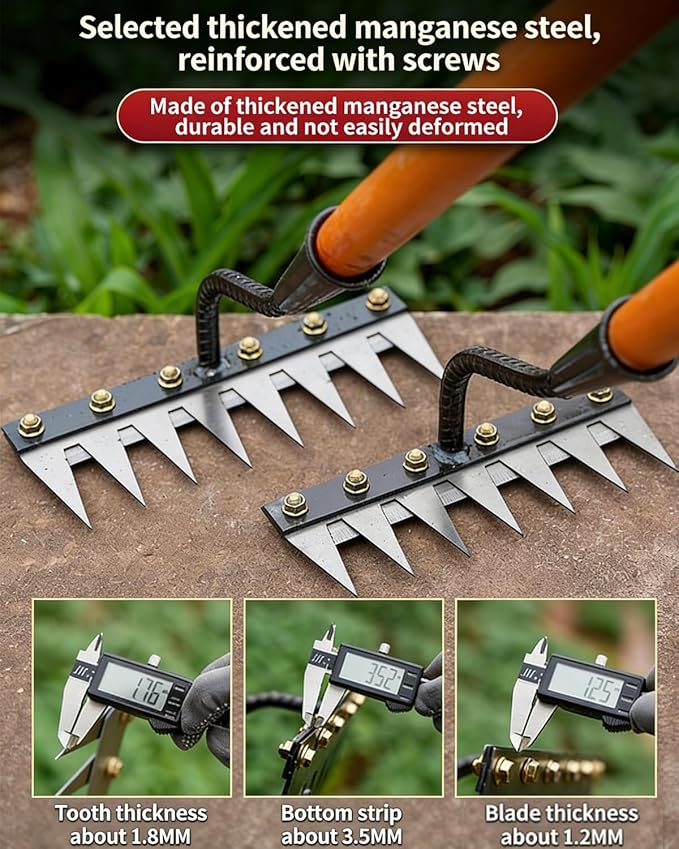 Garden Hand Rake Tool Manganese Steel 5/6/7/8 Teeth for Yard,Farm,Soil & Lawn Care Heavy Duty Weed Iron Metal Puller Grass Remover Landscaping Sickle Manual Thatch Cultivator Long Handle (6Teeth)