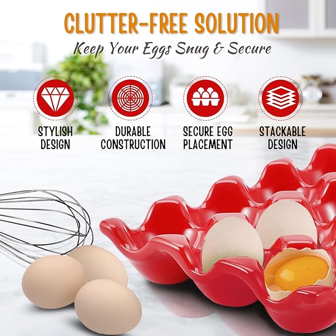 Flexzion 12 + 6 Cups Ceramic Egg Holder for Fridge - 18 Porcelain Egg Tray Container Keeper Storage Organizer Decorative Serving Stand Serveware for Refrigerator Countertop Display Kitchen (Red)