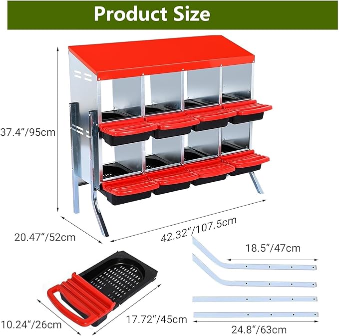 Chicken Nesting Box, 2-Tier Chicken Laying Boxes for Hens, 10 Hole Nesting Boxes for Chickens, Roll Away Nest Box for Laying Eggs, Roll Out, Easy Egg Collection (Red, 8-Holes with Legs)