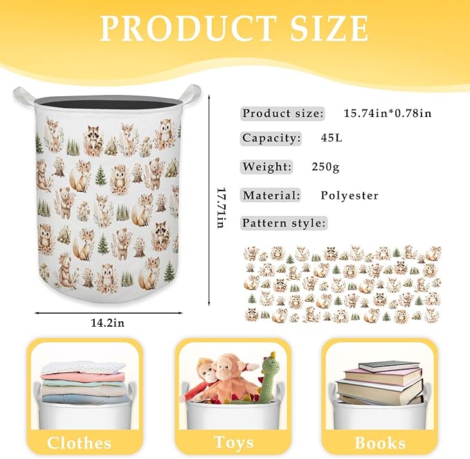 Kids Nursery Laundry Basket, Toybox for Girls Boys, Cute Boho Woodland Animals Laundry Hamper Waterproof Collapsible Storage Bin Organizer for Bedroom Bathroom Kids Toddler Room Clothes Toys