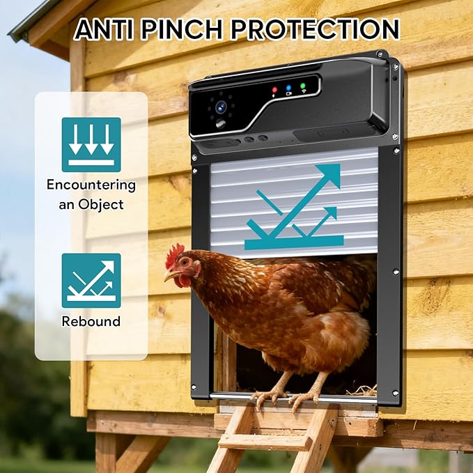 Smart Automatic Coop Door with Camera, WiFi App Control & Timer, Solar Chicken Door Opener, 1080P Night Vision, Anti-Pinch Safety, Real-Time Alerts, Roll-Up Chicken Coop Automatic Door Fits All Coops