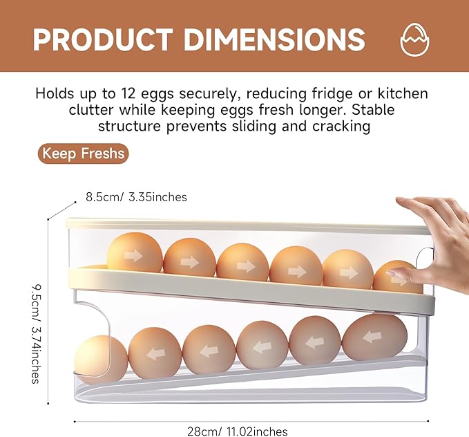 Rolling Egg Holder for Fridge, Egg Dispenser for Refrigerator, Automatic Rolling Storage Container for Countertop, Kitchen & Outdoor Use (3.35"x3.74"x11.02") 1 Pack