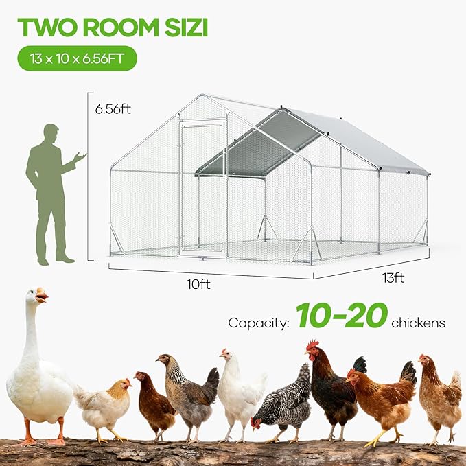 Large Metal Chicken Coop,10x13 FT Walk in Chicken Runs with Cover for 20 Chickens,Hen House Enclosure with Security Lock, Outdoor Duck Rabbit Cage Poultry Pens for Backyard,Farm,Yard