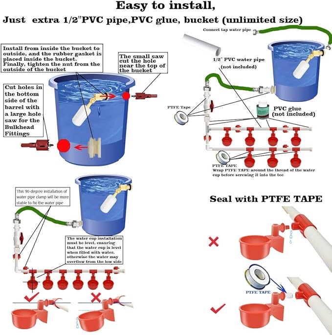 Complete Set Pipeline Automatic Chicken Waterer System,1/2" PVC Pipe Accessories DIY Kit with 2 Hose,chicken water cup,chicken waters,poultry waterer,Duck water feeder for Quail Chicken Duck Goose