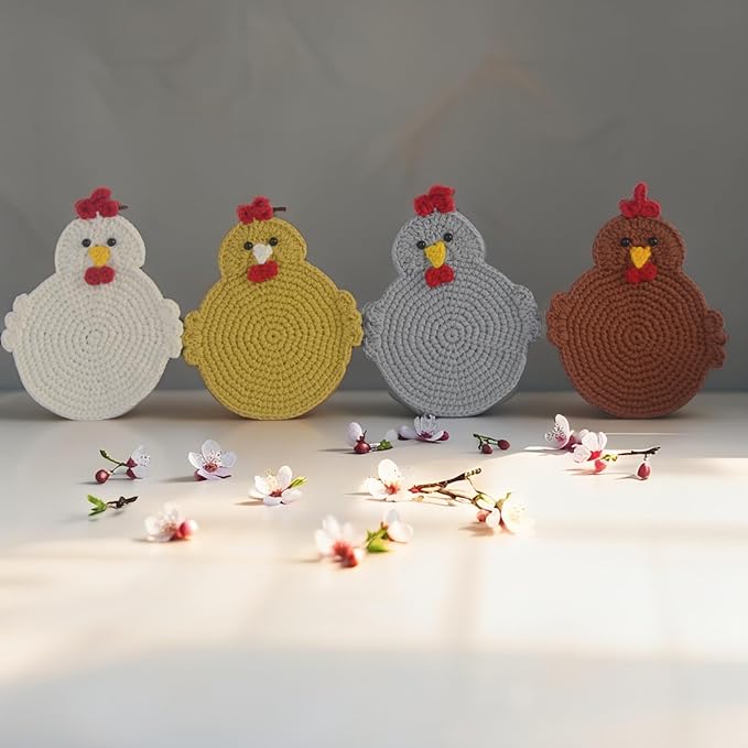 Handmade Crochet Chicken Coasters Set of 4, Stuffed Animal-Themed Drink Coasters, Cute Desk Accessories, Home Decor, Tabletop Protection, Crazy Chicken Lady Must Have (Style 2)
