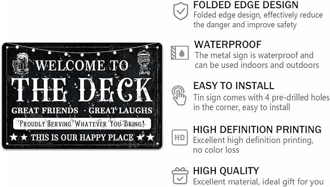 Generic Welcome to the Deck Deck Metal Tin Sign Backyard Accessories Decor Outdoor Vintage Metal Tin Signs Farmhouse Part Patio Porch Home Wall Decorations 8x12 Inches