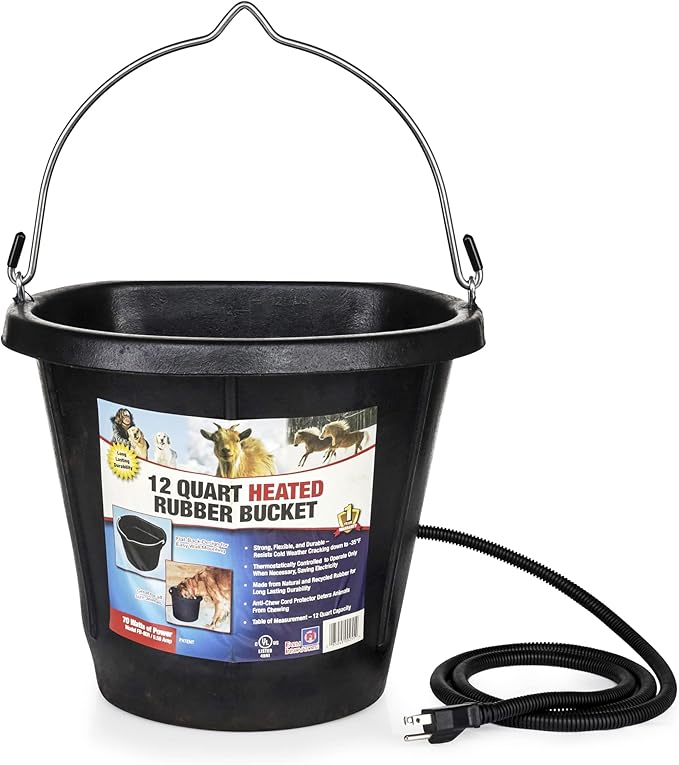 Farm Innovators FB-80R Rubber 3 Gallon Flat Back Heated Bucket with Metal Handle, Built in Thermostat, and Concealed Heating Element, 70 Watt