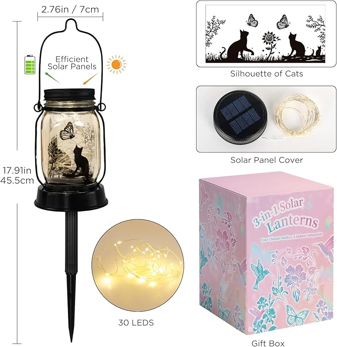 kyoryuger Cat Gifts for Women/Mom/Grandma/Sister, Cats Butterfly Solar Lights Outdoor Hanging Cat Lanterns Fairy Lights, Kitty Lamps Decor for Yard Lawn Garden Patio
