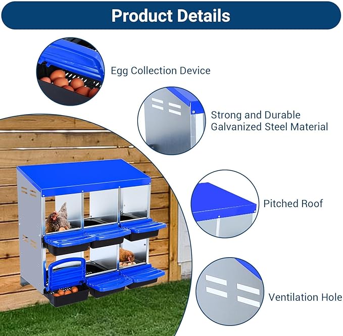 GarveeHome 2-Tier Chicken Nesting Box, 6 Compartment Metal Chicken Laying Boxes with Waterproof Roof ＆ Removable Trays for Hens, Poultry，Easy Egg Collection