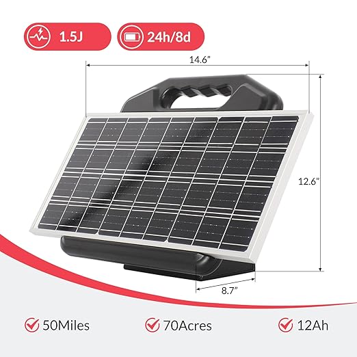 S1500 1.5 Joule Solar Electric Fence Energizer for Livestock, Horses, Cattle, Sheep - 50 Miles, 15W Solar Panel, Easy Installation