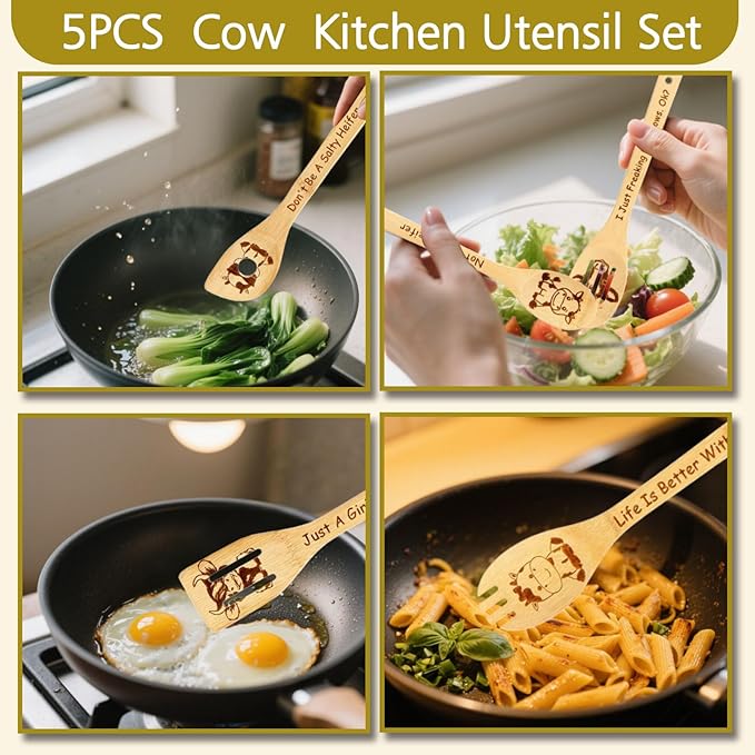Highland Cow Gifts for Women - Cow Wooden Spoons for Cooking Mothers Day Gifts Bamboo Highland Cow Kitchen Accessories Cow Decor for Cow Lovers Engraved Wooden Cooking Spoons Cow Stuff 5PCS