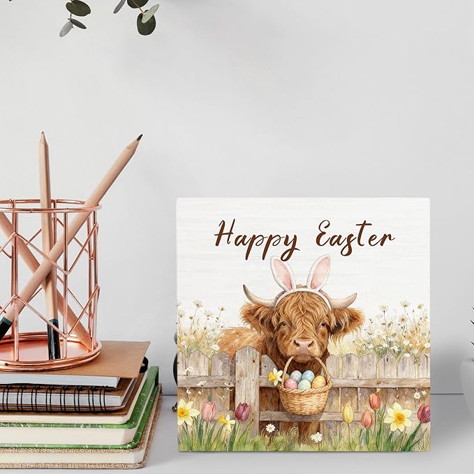 Happy Easter Highland Cow Wooden Box Sign Desk Decor, Spring Wildflower Easter Egg Farm Highland Cow Wood Signs for Home Office Desk Table Shelf Decorations, 5x5 Inch