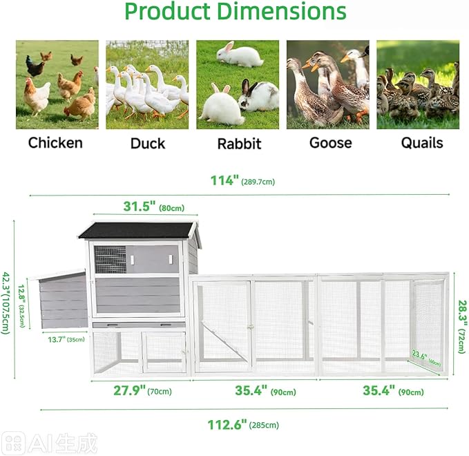 Large Wooden Chicken Coop with Outdoor Run & Nesting Box, Fir Wood Poultry Cage for 2-4 Hens, Waterproof Anti-UV Hen House, Predator-Proof Rabbit Hutch for Backyard & Garden