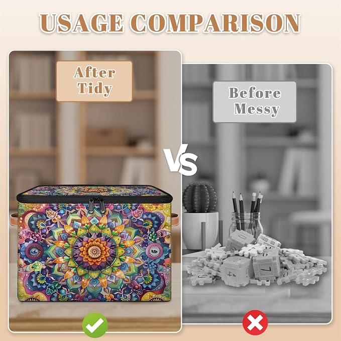 Vintage Boho Patern Storage Bins with Zipper Lid Fabric Storage Containers for Clothes Collapsible Closet Storage Basket with Metal Frame 1 Pack