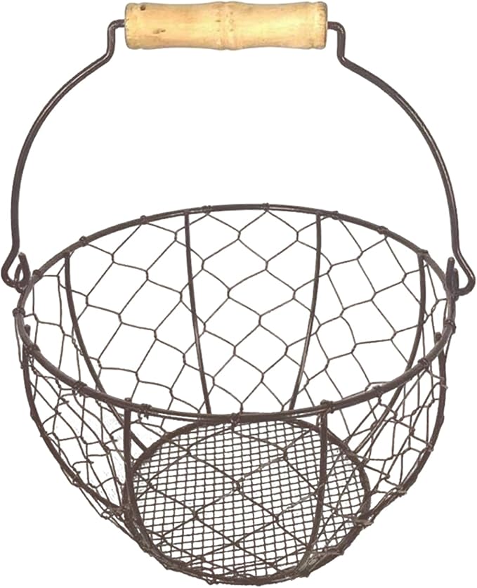 Farmhouse Wire Egg Basket For Gathering Fresh Eggs Iron Wire Storage Organizer With Handle Chicken Egg Collecting Basket Countertop Container Fruit Bin