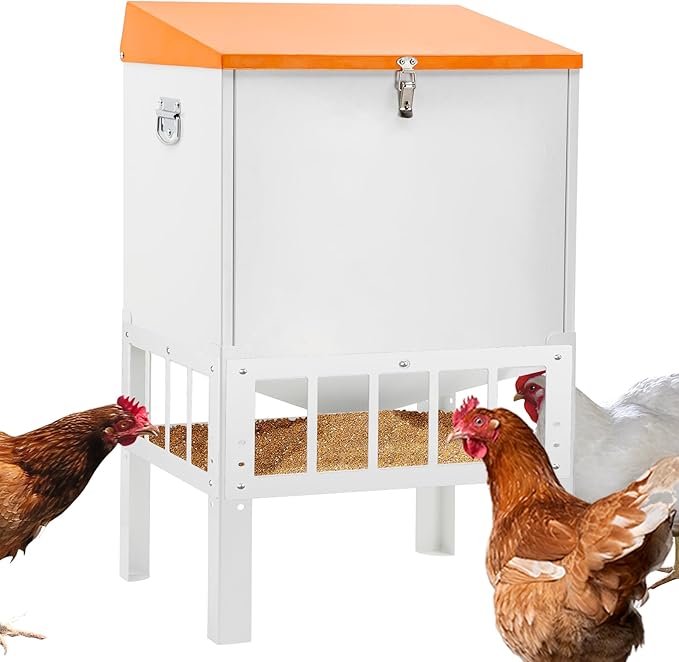 Chicken Feeder with Grille, 50LBS No Waste Chicken Feeder with 18 Ports, Powder-Coated Steel Feeder w/Waterproof Lid and Stainless Handles, 16”L x 12.5”W x 24.5”H