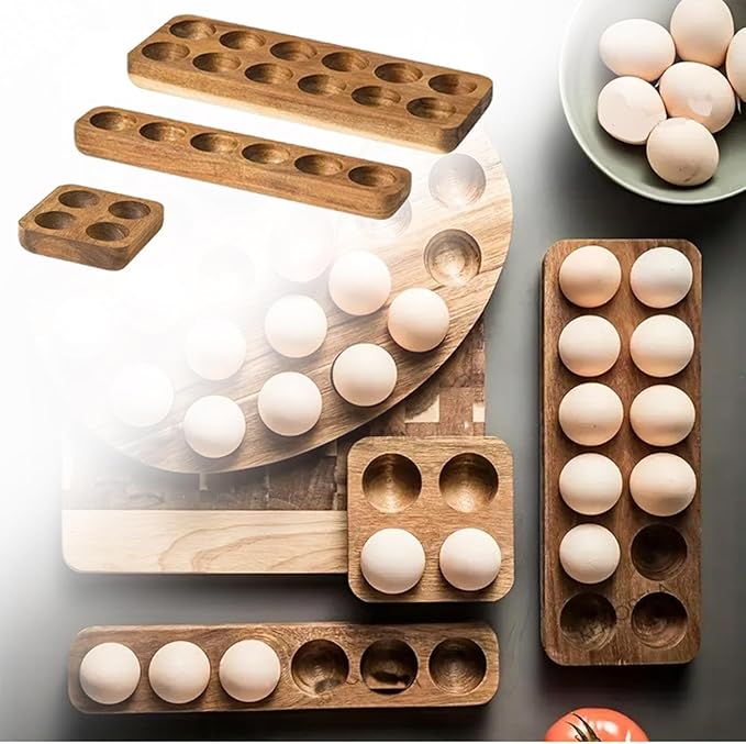 Solid Wood Egg Holder Countertop Wooden Egg Tray to Hold Fresh Eggs Rustic Egg Storage Rack Deviled Egg Plates for Countertop Display Kitchen Organization Refrigerator Storage (6 Eggs)