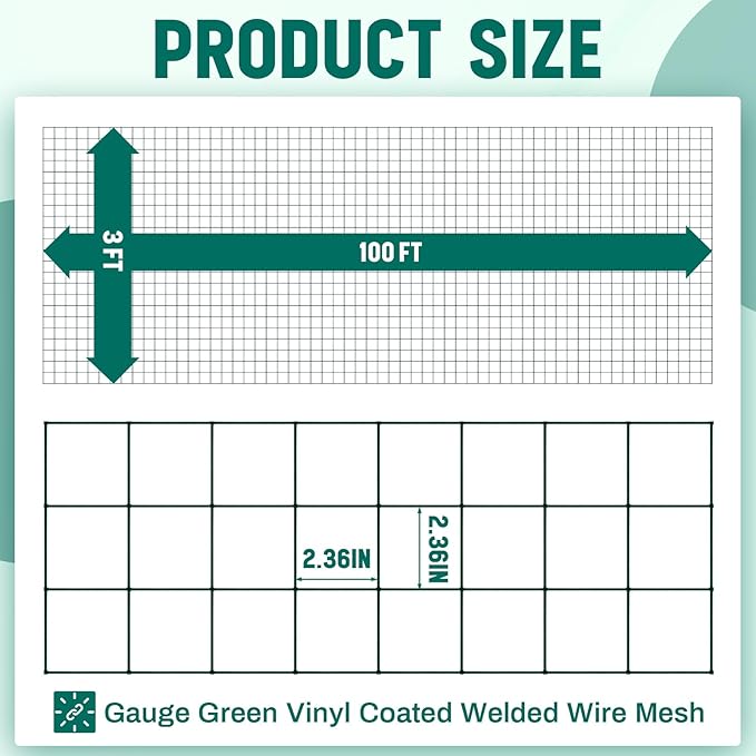 Gisafai Galvanized Welded Wire Fence 3 ft x 100 ft for Dog Chicken Hog Deer Goat Cattle 16GA Garden Border PVC Coated Fencing Roll Border Yard Vegetable Plant Animals Protection Poultry Netting(Green)