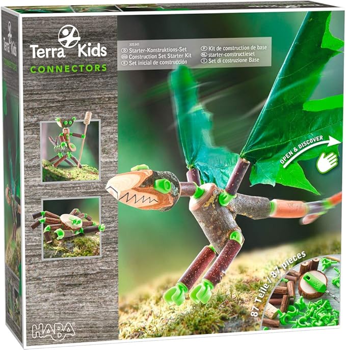 HABA Terra Kids Connectors Backyard Craft Kit Starter - 86 Piece Set with Plastic Connectors, Wooden Pieces Cork & Hand Drill - Ages 8+