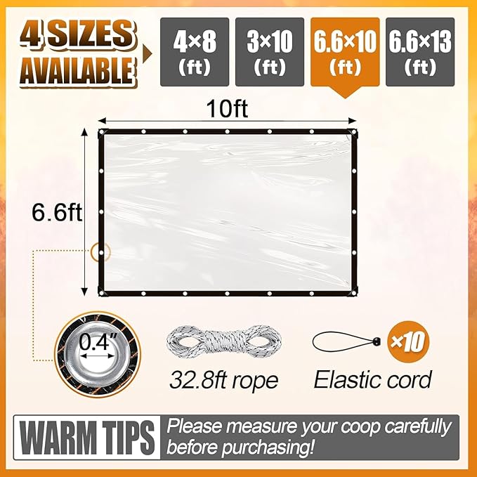 6.6x10Ft Chicken Coop Cover for Winter - Waterproof Durable Chicken Run Tarp with Elastic Cords & Rope, Easy to Install for Large Chicken Cage Walk-in Chicken Run Pen