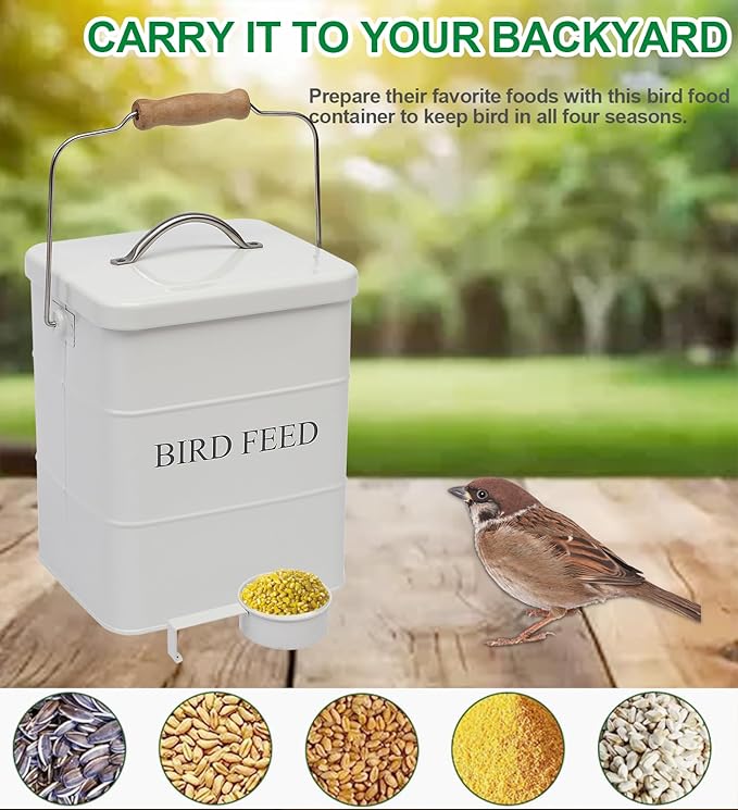 Bird Seed Storage Container Airtight,5~6LB Metal Bird Food Container with Scoop,Wild Birds Feed Tin for Storing Sunflower Seed-Ideal for Outdoor or Indoor-Squirrel proof -White
