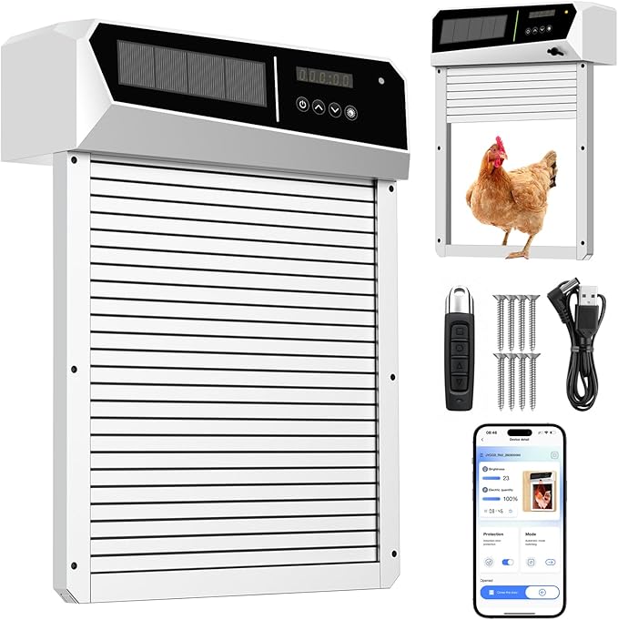 Solar Automatic Chicken Coop Door with Built-in Solar Power & Battery Backup and Timer & Manual Control， Anti-Pinch Safety System, Large LCD Display, Weatherproof Aluminum Auto Chicken Coop Door