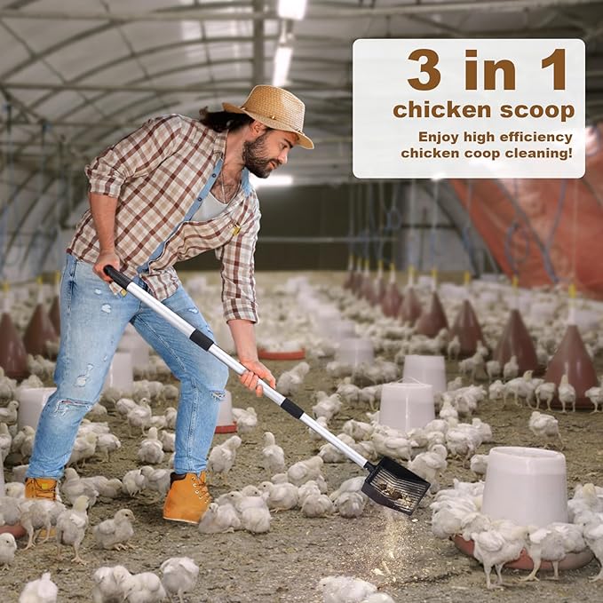Mity rain Chicken Coop Accessories, 3 in 1 Adjustable Chicken Scooper for Cleaning, Sifting Shovel for Chicken Coop Separating Poo and Debris from Sand, Chicken Litter Scoop Supplies