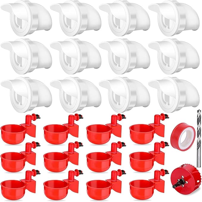 12 Pcs Chicken Feeder Kit and 12 Pcs Water Cup Kit, Gravity Poultry Waterer Cup and Poultry Feeder Port Set with Hole Saw and Sealing Tape, Chicken Feeder No Waste for Duck Bird Quail