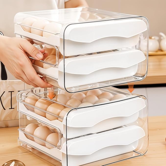 Clear 32 Egg Holder for Fridge, Egg Storage for Refrigerator, Egg Container for Refrigerator, Household Egg Holder for Fridge, Stackable Egg Container and Egg Dispenser for Refrigerator with Drawers