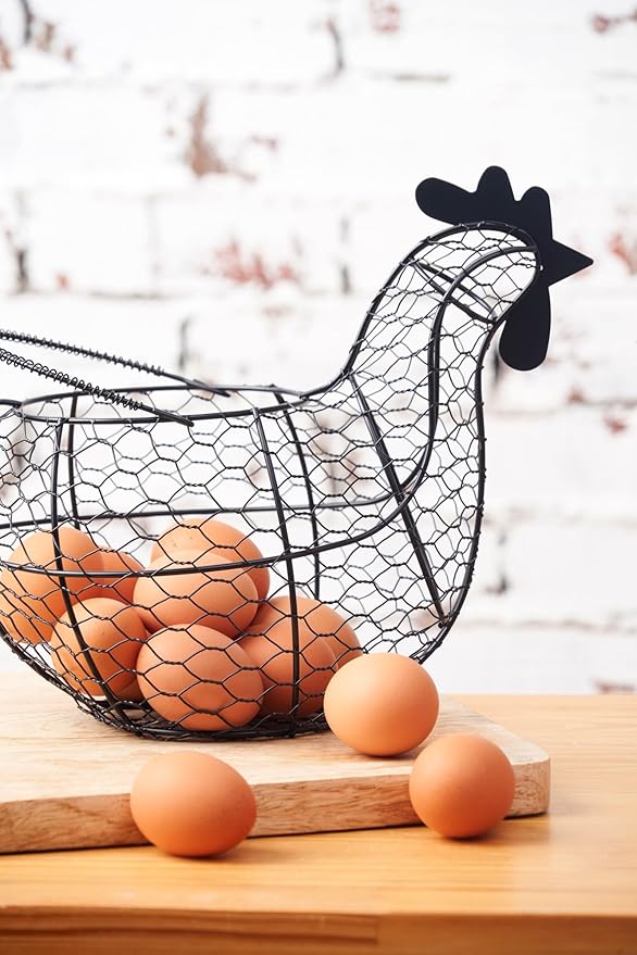 tag 11.5 inch Black Farmhouse Rustic Vintage Chicken Wire Egg Basket with Handle for Egg Holder Fruit and Kitchen Living Room Home Rooster Decor Decoration Collecting and Countertop Storing Eggs