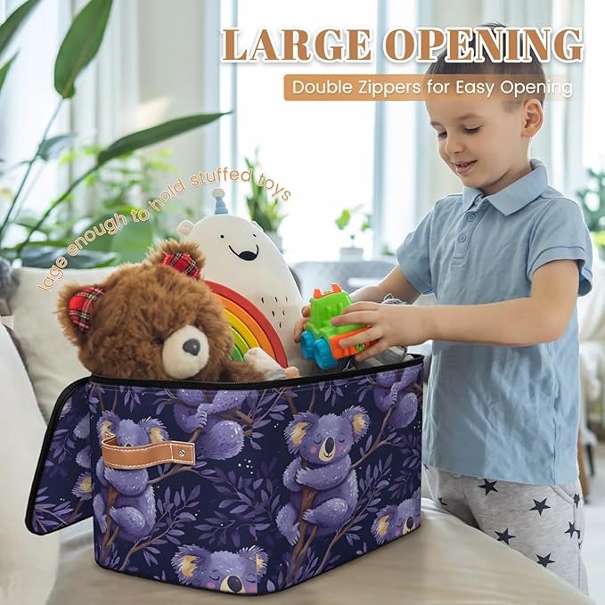 Storage Cubes with Lid Fabric Storage Bins Boxes PU Leather Handles, Cute Koalas Closet Organizer Container Foldable Washable Shelf Cloth Basket, Cartoon Koala