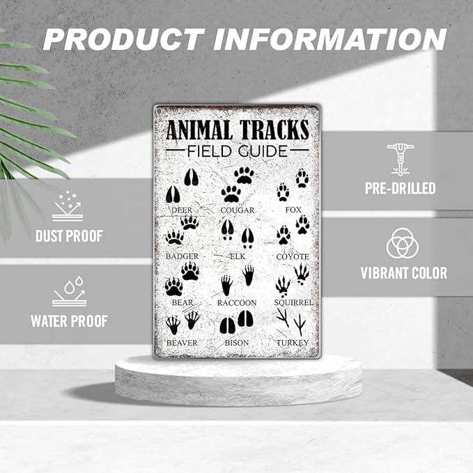 Animal Tracks Field Guide Metal Sign Educational Wall Art Decor For Home Cabin Lodge Rustic Nature Enthusiasts 8 x 12 Inch Vintage Kitchen Aluminum Outdoor Indoor