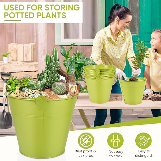 OBTANIM 7 Pack Green Metal Buckets with Handle Galvanized Ice Pails for Plants, Succulents, Party Favors Organizing, Rustic Home Decor or Classrooms Pencil Storage (9.1 x 6.7 inch)