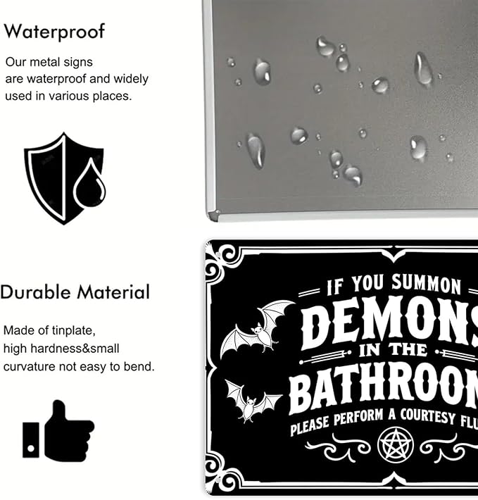 Demons Bathroom Rules Tin Sign Vintage Gothic Decor Metal Sign Print Aesthetic for Garden Yard Bar Porch Home Bedroom Kitchen Wall Decor Gift 8 X 12 in