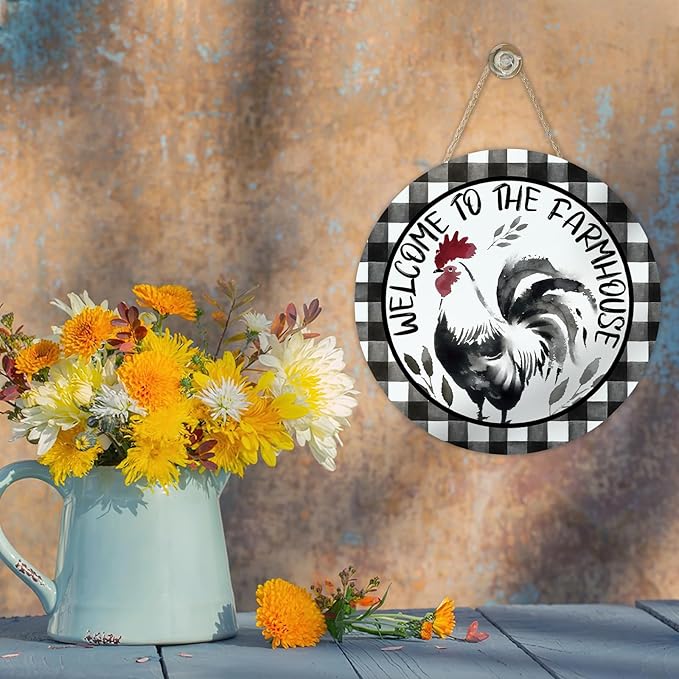Welcome to The Farmhouse Rooster Front Door Sign, Watercolor Farm Chicken Buffalo Plaid Wood Hanger Outdoor Porch Home Decor, Rustic Country Wooden Wreath Indoor Wall Hanging Decoration